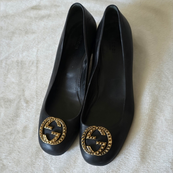 Gucci GG Gold Studded Interlocking Logo Low Block Heel Pump Sz 40.5 - Picture 3 of 13